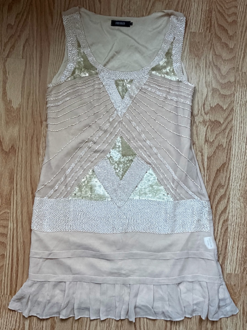 Beige Silk Sequin-Detail Mini Dress